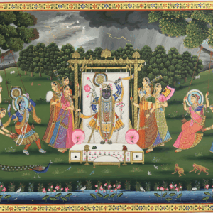 Shrinathji Hindolna Pichwai with Radha Krishna